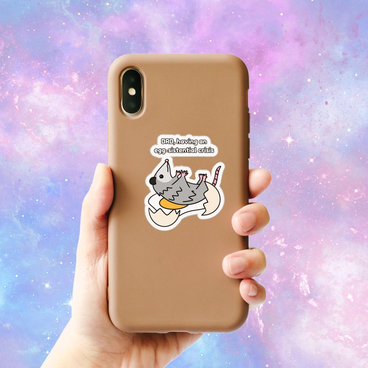 "BRB Having an Egg-sistenial Crisis" Kawaii Opossum Sticker - Just Goofy Little Guys