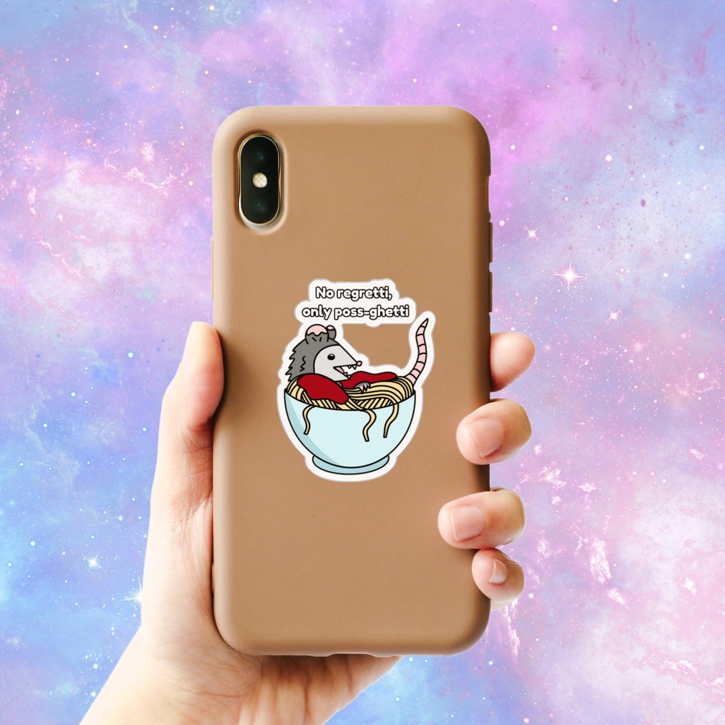 "No Regretti, Only Poss-Ghetti" Kawaii Opossum Sticker - Just Goofy Little Guys