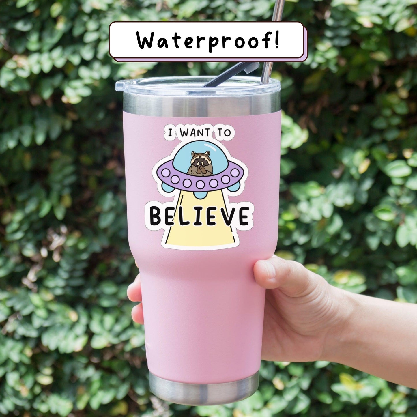 I Want to Believe - Funny Alien UFO Raccoon Meme Sticker - Just Goofy Little Guys