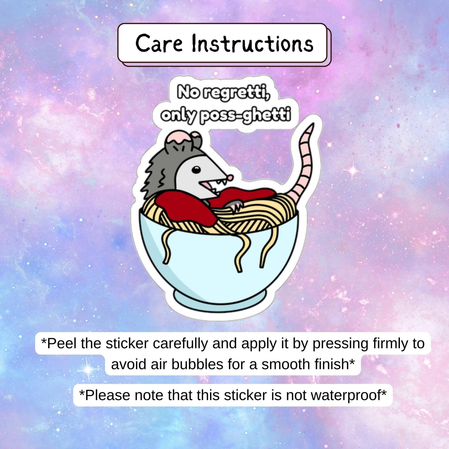"No Regretti, Only Poss-Ghetti" Kawaii Opossum Sticker - Just Goofy Little Guys