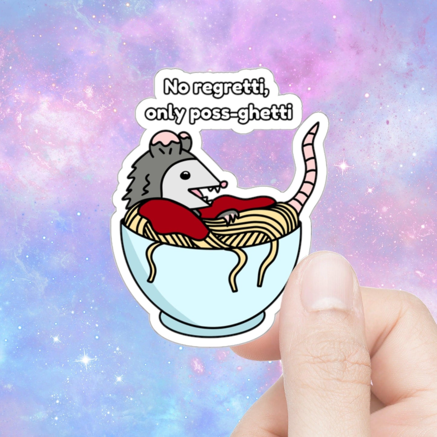 "No Regretti, Only Poss-Ghetti" Kawaii Opossum Sticker - Just Goofy Little Guys