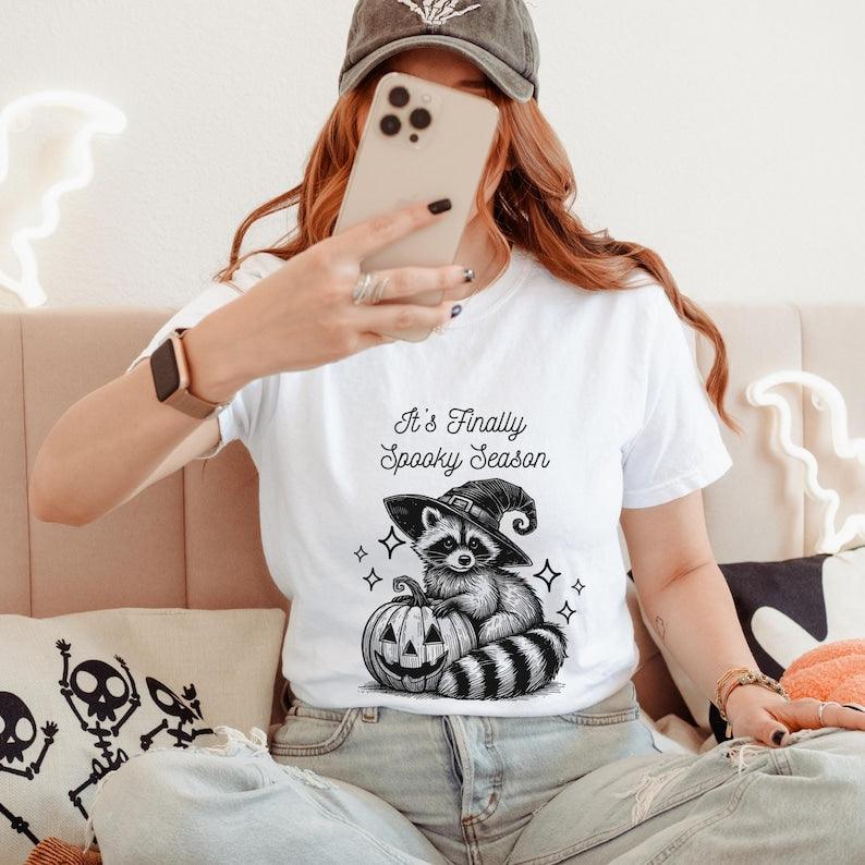Finally Spooky Season Raccoon Halloween Shirt.