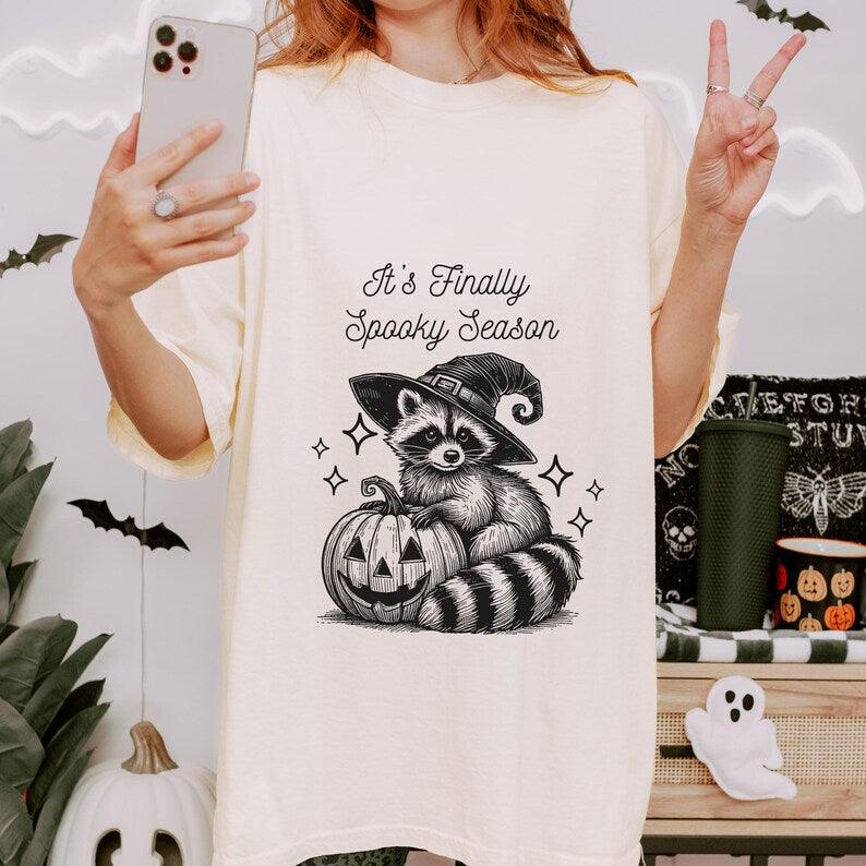 Finally Spooky Season Raccoon Halloween Shirt.